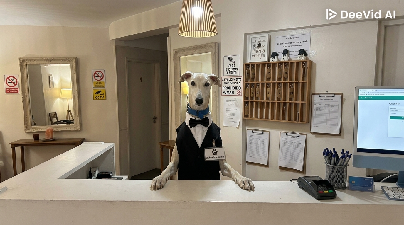 Fideo, el perro recepcionista de Black Suites Pinamar con su traje